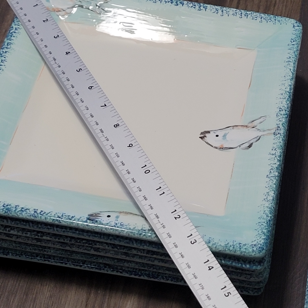 American Atelier Currents square dinner plates Saucers Hand Painted fish design - Picture 9 of 10